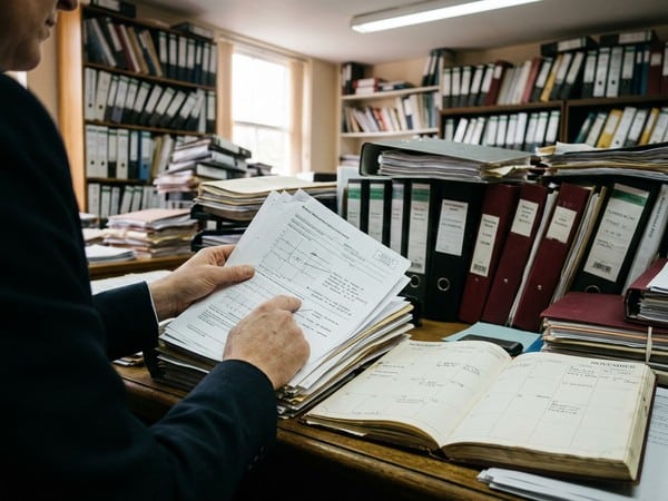 עורך דין בוחן מסמכי תביעה עם שעון המציין מגבלות זמן לתאונה.